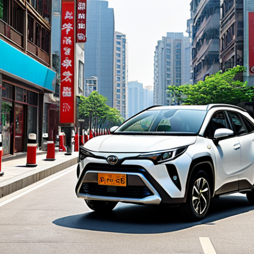 **

A modern Toyota Corolla Cross Hybrid (丰田锋兰达双擎) parked in a bustling city street in China. Showcasing typical urban traffic. Focus on the car's sleek design. The image should subtly suggest fuel efficiency and eco-friendliness.

**