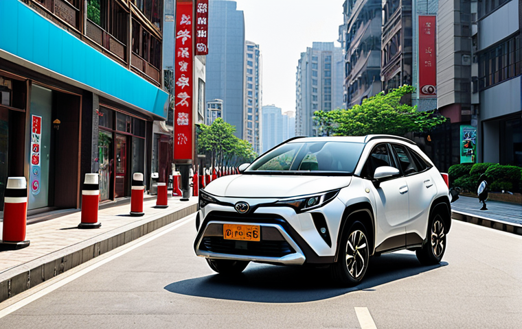 **

A modern Toyota Corolla Cross Hybrid (丰田锋兰达双擎) parked in a bustling city street in China. Showcasing typical urban traffic. Focus on the car's sleek design. The image should subtly suggest fuel efficiency and eco-friendliness.

**