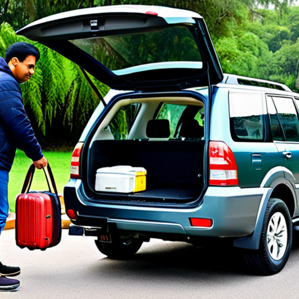 **Prompt:** "A modern, fully clothed family loading luggage into the back of a Tata Safari SUV in a suburban setting, appropriate attire, safe for work, daytime, showcasing ample cargo space, family-friendly, natural body proportions, well-formed hands, professional photography."