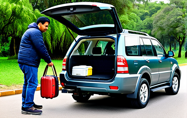 **Prompt:** "A modern, fully clothed family loading luggage into the back of a Tata Safari SUV in a suburban setting, appropriate attire, safe for work, daytime, showcasing ample cargo space, family-friendly, natural body proportions, well-formed hands, professional photography."